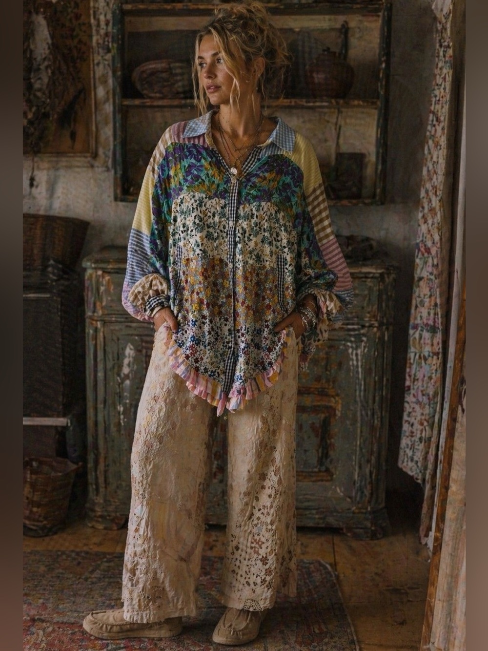 NWT Young Threads Patchwork Boho Button-Down Top Size Medium